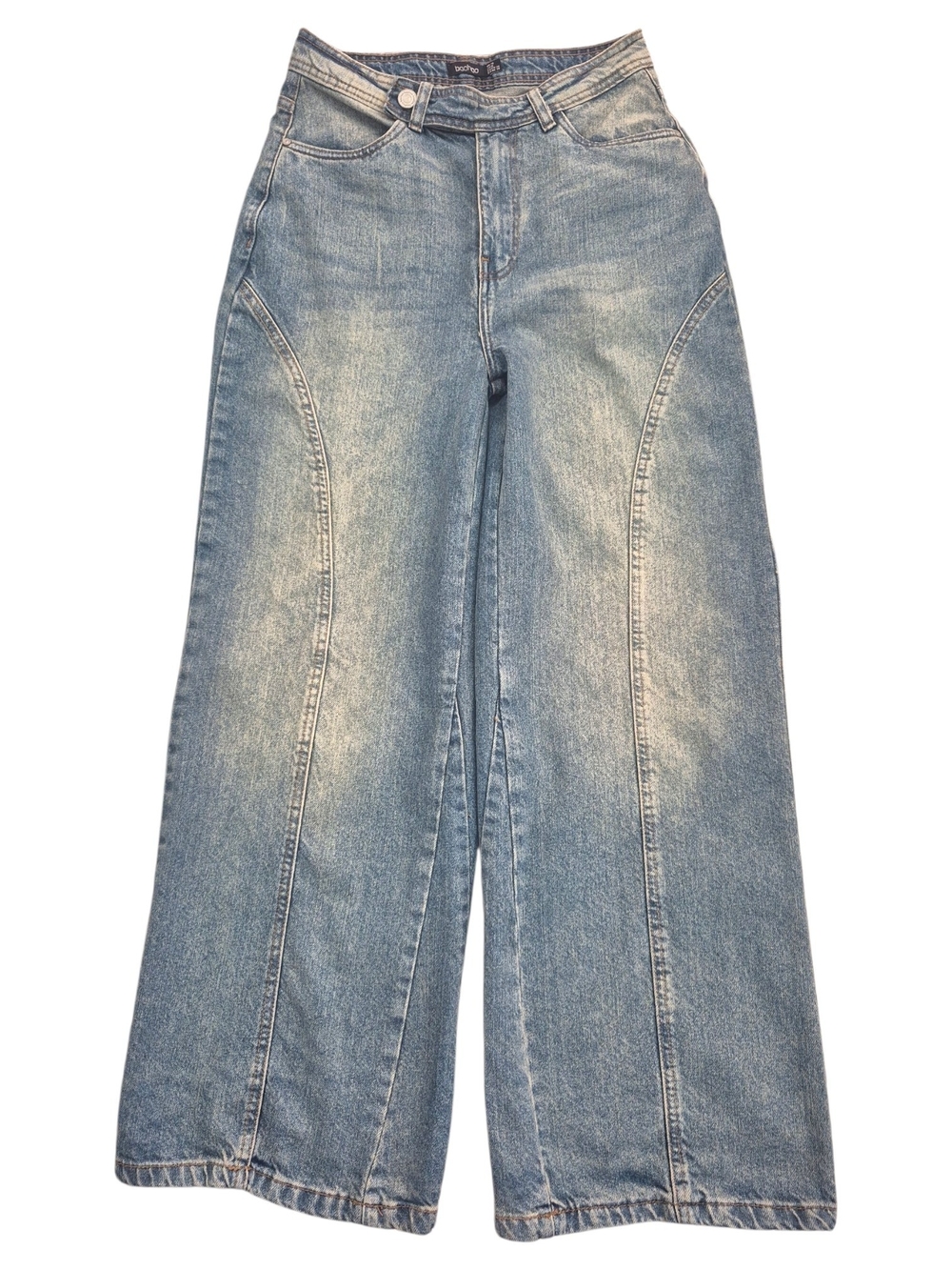 Boohoo High Rise Seam Detail Wide Leg Jeans Light Wash US 10 UK 14 EU 38